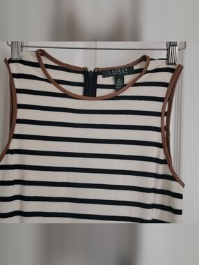 Ralph Lauren Navy and White Striped Shell with Brown Trim